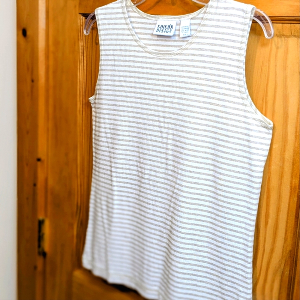 Chico’s Designs Women's Sz 3 Med Tank Top Beige Cream Stripes Sleeveless Stretch - Picture 6 of 9
